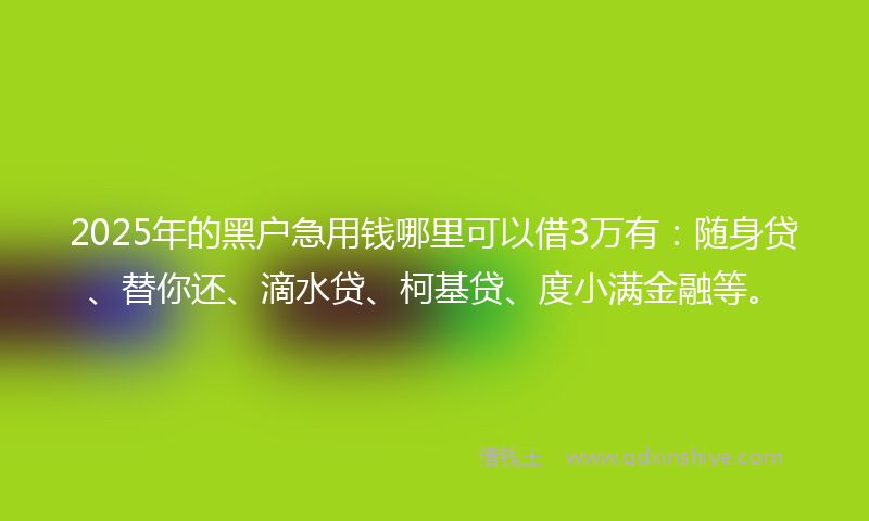 2025年的黑户急用钱哪里可以借3万有：随身贷、替你还、滴水贷、柯基贷、度小满金融等。