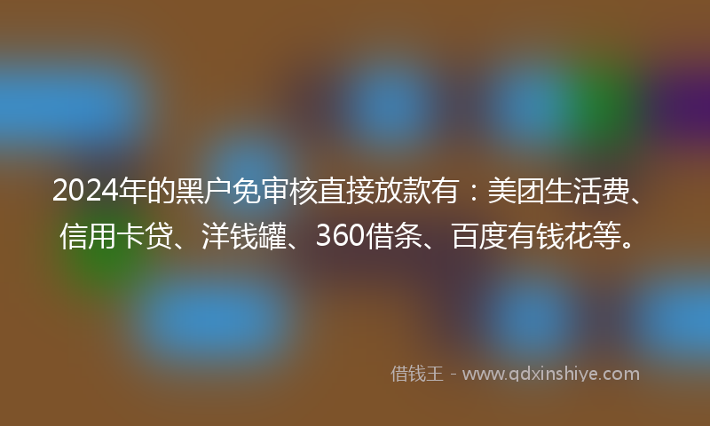 2024年的黑户免审核直接放款有：美团生活费、信用卡贷、洋钱罐、360借条、百度有钱花等。