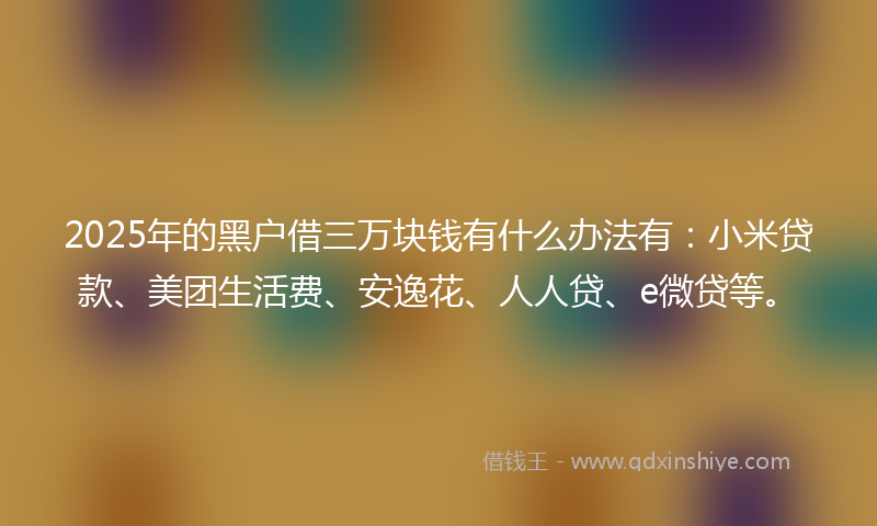 2025年的黑户借三万块钱有什么办法有：小米贷款、美团生活费、安逸花、人人贷、e微贷等。