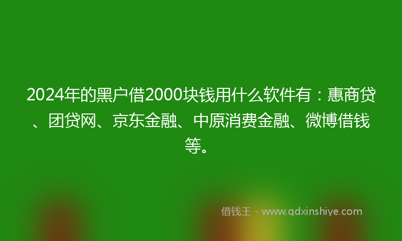 2024年的黑户借2000块钱用什么软件有：惠商贷、团贷网、京东金融、中原消费金融、微博借钱等。