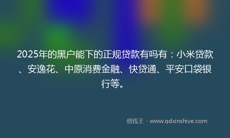 2025年的黑户能下的正规贷款有吗有：小米贷款、安逸花、中原消费金融、快贷通、平安口袋银行等。
