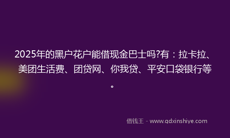 2025年的黑户花户能借现金巴士吗?有：拉卡拉、美团生活费、团贷网、你我贷、平安口袋银行等。