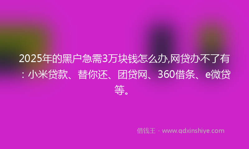 2025年的黑户急需3万块钱怎么办,网贷办不了有：小米贷款、替你还、团贷网、360借条、e微贷等。