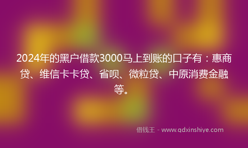 2024年的黑户借款3000马上到账的口子有：惠商贷、维信卡卡贷、省呗、微粒贷、中原消费金融等。