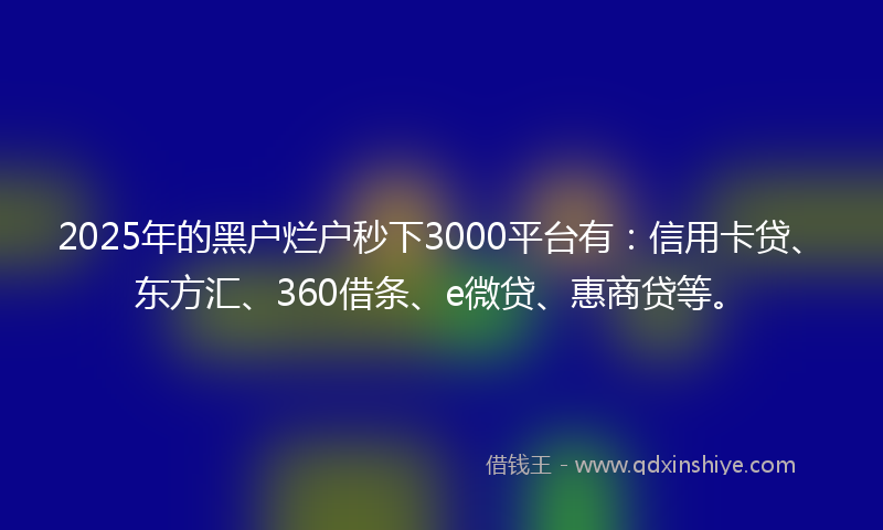 2025年的黑户烂户秒下3000平台有：信用卡贷、东方汇、360借条、e微贷、惠商贷等。