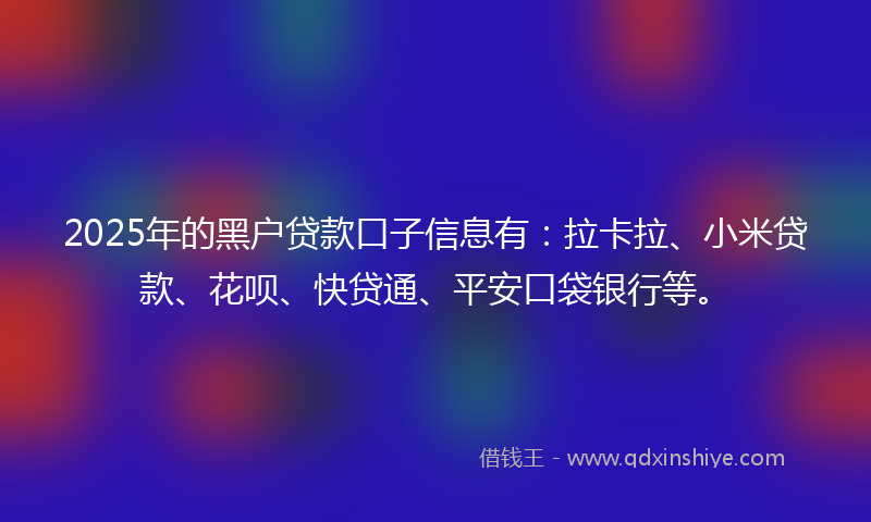 2025年的黑户贷款口子信息有：拉卡拉、小米贷款、花呗、快贷通、平安口袋银行等。
