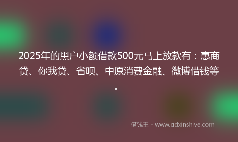 2025年的黑户小额借款500元马上放款有：惠商贷、你我贷、省呗、中原消费金融、微博借钱等。