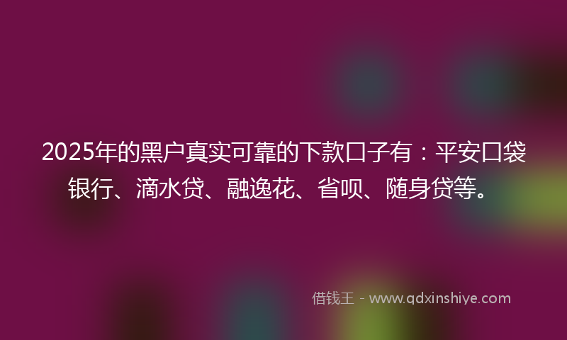2025年的黑户真实可靠的下款口子有：平安口袋银行、滴水贷、融逸花、省呗、随身贷等。
