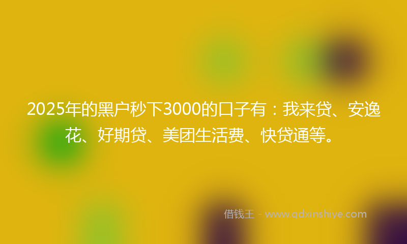 2025年的黑户秒下3000的口子有：我来贷、安逸花、好期贷、美团生活费、快贷通等。