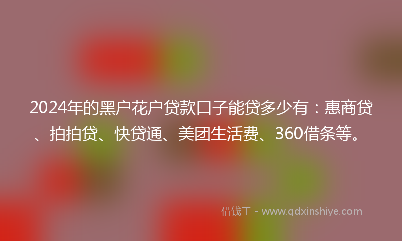 2024年的黑户花户贷款口子能贷多少有：惠商贷、拍拍贷、快贷通、美团生活费、360借条等。