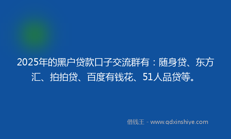 2025年的黑户贷款口子交流群有：随身贷、东方汇、拍拍贷、百度有钱花、51人品贷等。