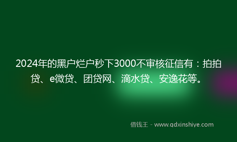 2024年的黑户烂户秒下3000不审核征信有：拍拍贷、e微贷、团贷网、滴水贷、安逸花等。