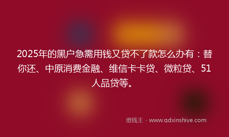 2025年的黑户急需用钱又贷不了款怎么办有：替你还、中原消费金融、维信卡卡贷、微粒贷、51人品贷等。