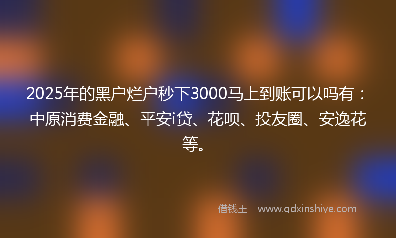 2025年的黑户烂户秒下3000马上到账可以吗有：中原消费金融、平安i贷、花呗、投友圈、安逸花等。