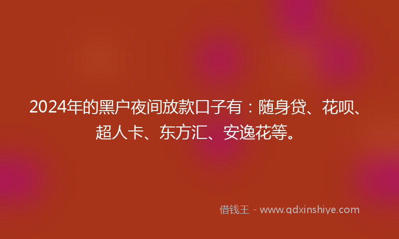 2024年的黑户夜间放款口子有：随身贷、花呗、超人卡、东方汇、安逸花等。