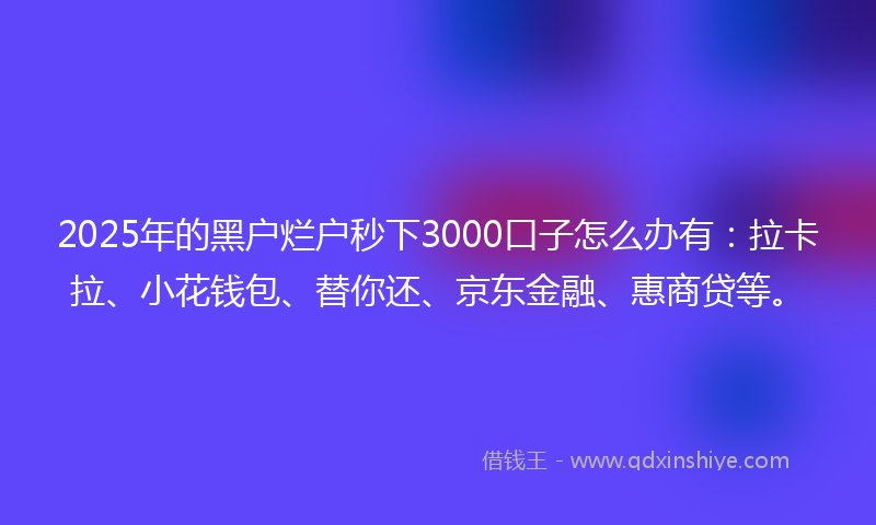 2025年的黑户烂户秒下3000口子怎么办有：拉卡拉、小花钱包、替你还、京东金融、惠商贷等。