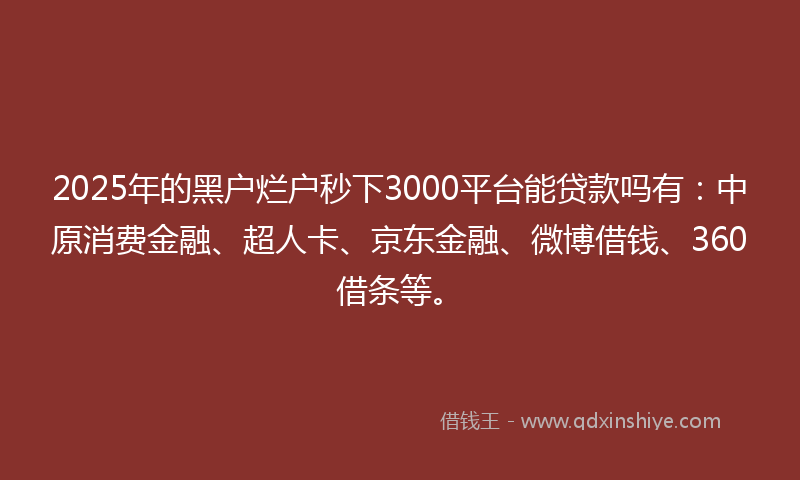 2025年的黑户烂户秒下3000平台能贷款吗有：中原消费金融、超人卡、京东金融、微博借钱、360借条等。