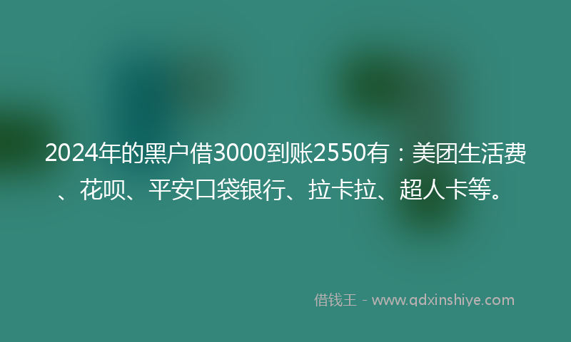2024年的黑户借3000到账2550有：美团生活费、花呗、平安口袋银行、拉卡拉、超人卡等。