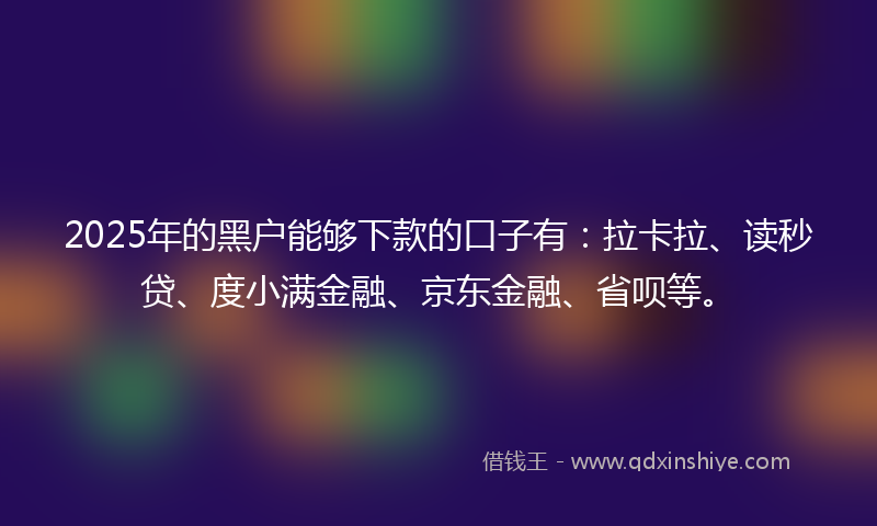 2025年的黑户能够下款的口子有：拉卡拉、读秒贷、度小满金融、京东金融、省呗等。