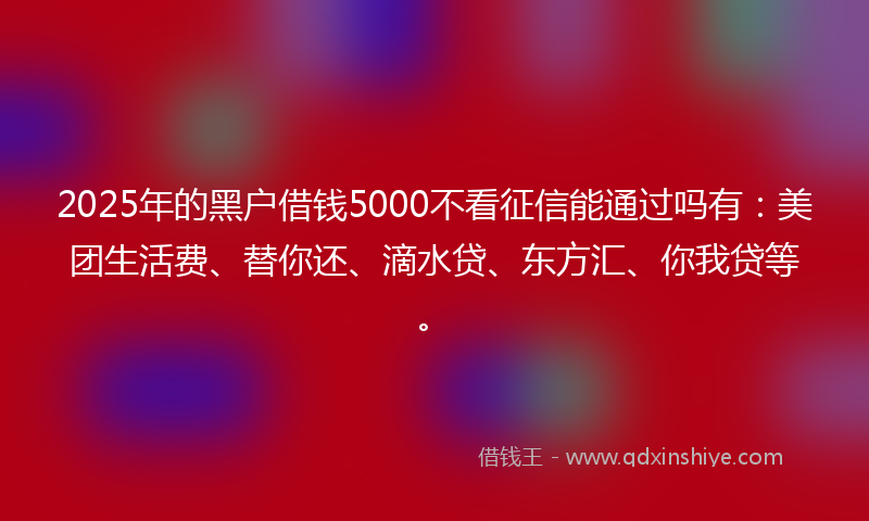 2025年的黑户借钱5000不看征信能通过吗有：美团生活费、替你还、滴水贷、东方汇、你我贷等。