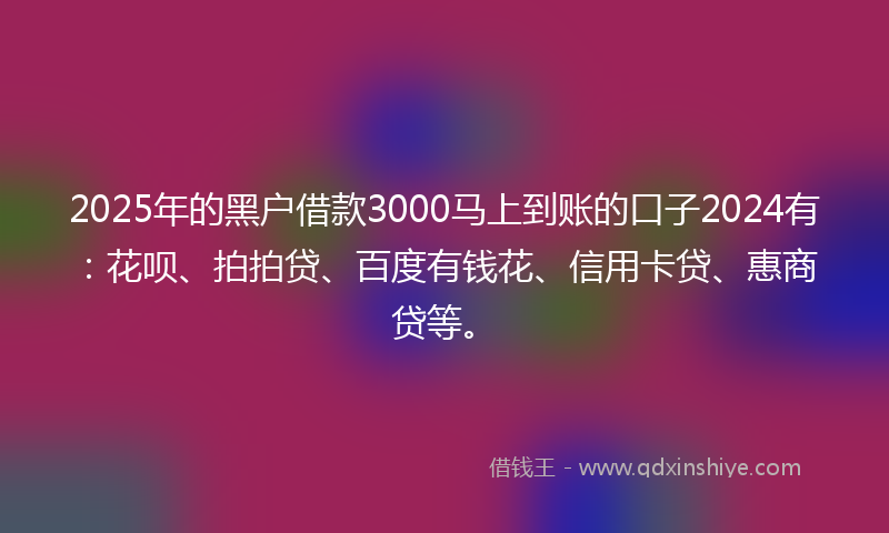 2025年的黑户借款3000马上到账的口子2024有：花呗、拍拍贷、百度有钱花、信用卡贷、惠商贷等。
