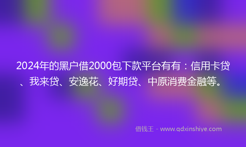 2024年的黑户借2000包下款平台有有：信用卡贷、我来贷、安逸花、好期贷、中原消费金融等。