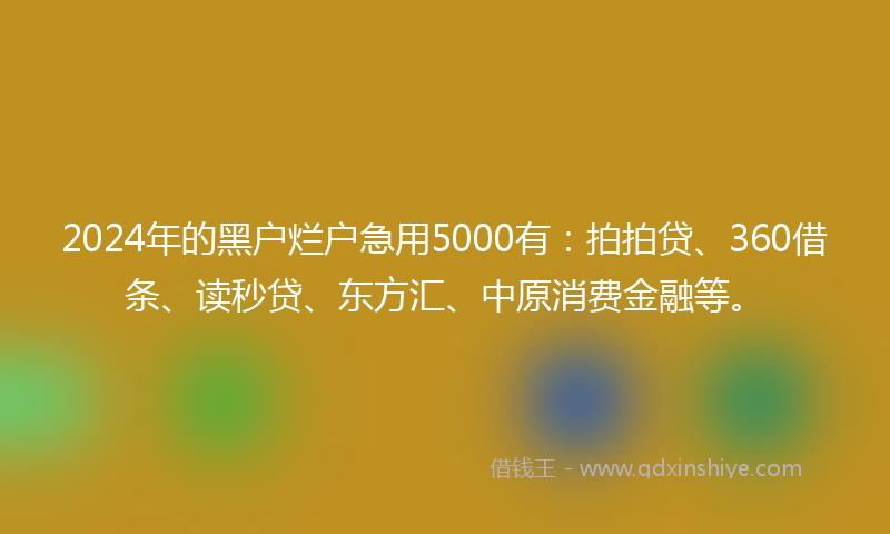 2024年的黑户烂户急用5000有：拍拍贷、360借条、读秒贷、东方汇、中原消费金融等。