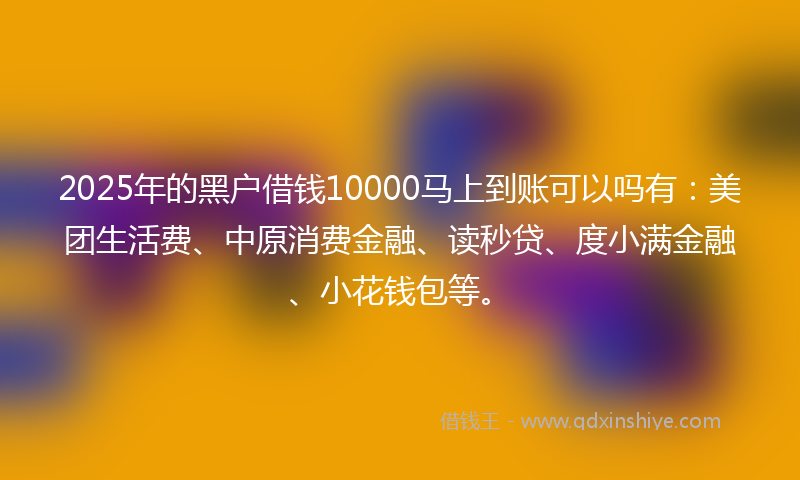 2025年的黑户借钱10000马上到账可以吗有：美团生活费、中原消费金融、读秒贷、度小满金融、小花钱包等。