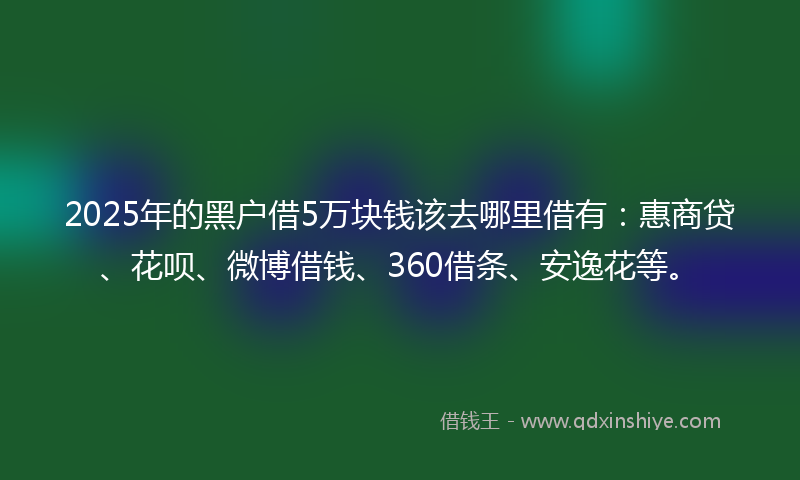 2025年的黑户借5万块钱该去哪里借有：惠商贷、花呗、微博借钱、360借条、安逸花等。