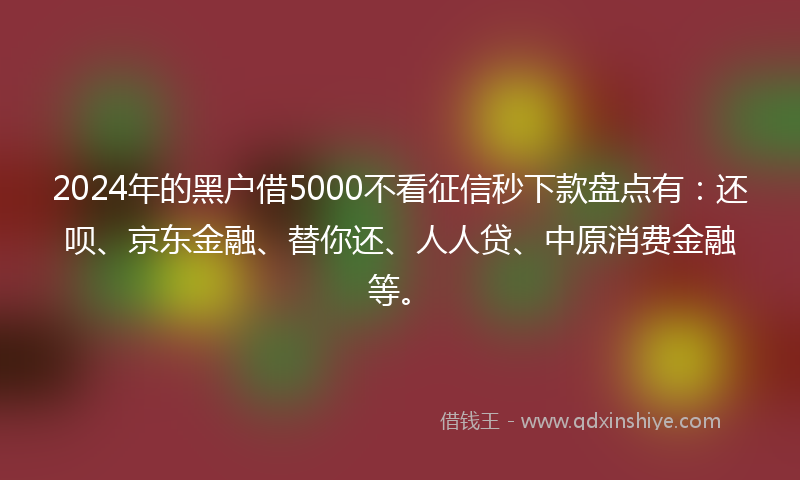 2024年的黑户借5000不看征信秒下款盘点有：还呗、京东金融、替你还、人人贷、中原消费金融等。