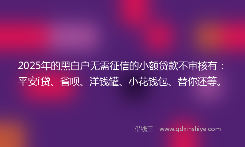 2025年的黑白户无需征信的小额贷款不审核有：平安i贷、省呗、洋钱罐、小花钱包、替你还等。