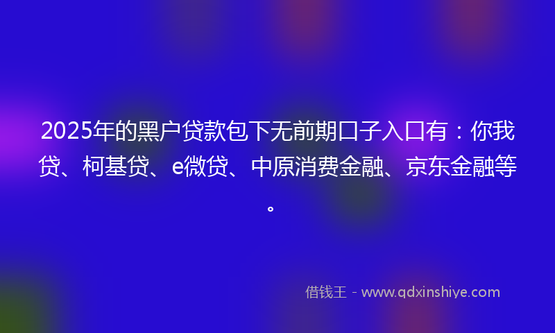 2025年的黑户贷款包下无前期口子入口有：你我贷、柯基贷、e微贷、中原消费金融、京东金融等。
