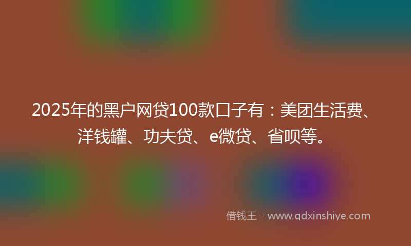 2025年的黑户网贷100款口子有：美团生活费、洋钱罐、功夫贷、e微贷、省呗等。