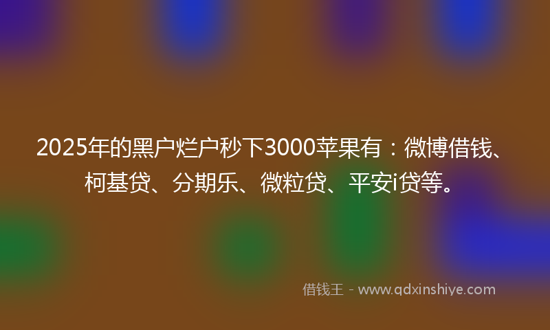 2025年的黑户烂户秒下3000苹果有：微博借钱、柯基贷、分期乐、微粒贷、平安i贷等。
