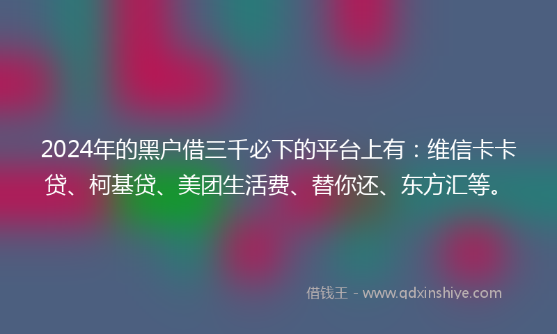 2024年的黑户借三千必下的平台上有：维信卡卡贷、柯基贷、美团生活费、替你还、东方汇等。