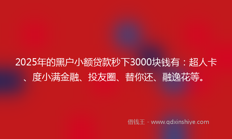 2025年的黑户小额贷款秒下3000块钱有：超人卡、度小满金融、投友圈、替你还、融逸花等。