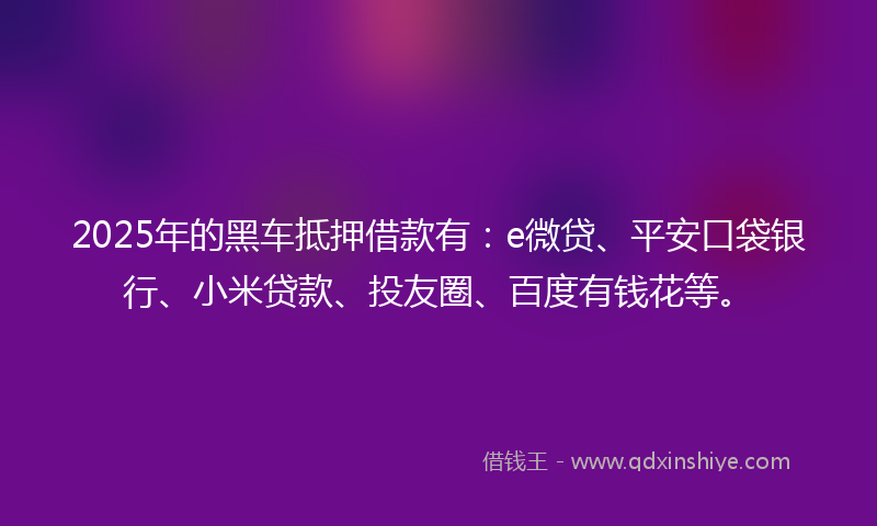 2025年的黑车抵押借款有：e微贷、平安口袋银行、小米贷款、投友圈、百度有钱花等。