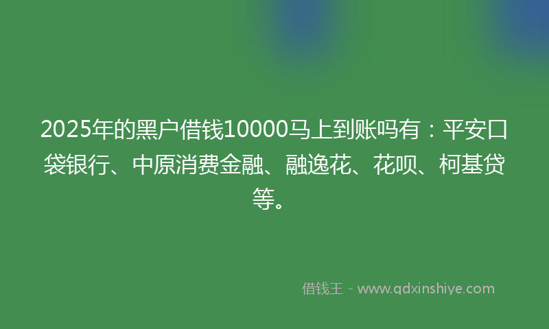 2025年的黑户借钱10000马上到账吗有：平安口袋银行、中原消费金融、融逸花、花呗、柯基贷等。