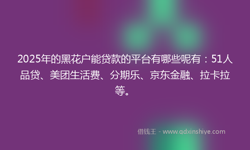 2025年的黑花户能贷款的平台有哪些呢有：51人品贷、美团生活费、分期乐、京东金融、拉卡拉等。