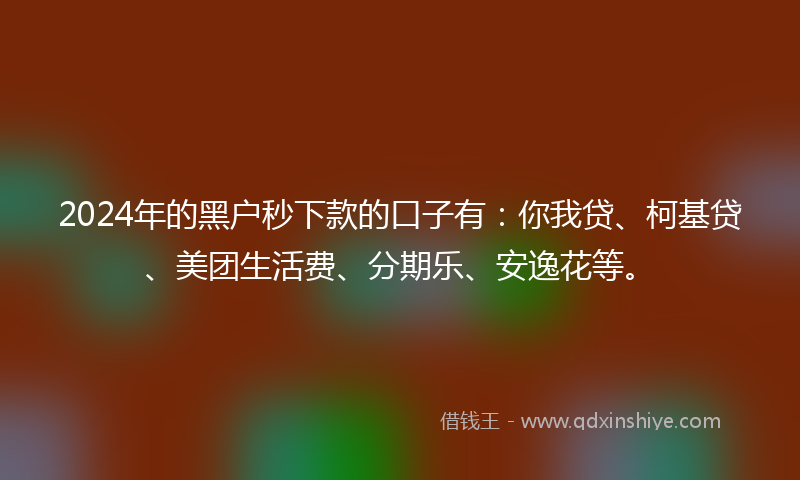 2024年的黑户秒下款的口子有：你我贷、柯基贷、美团生活费、分期乐、安逸花等。