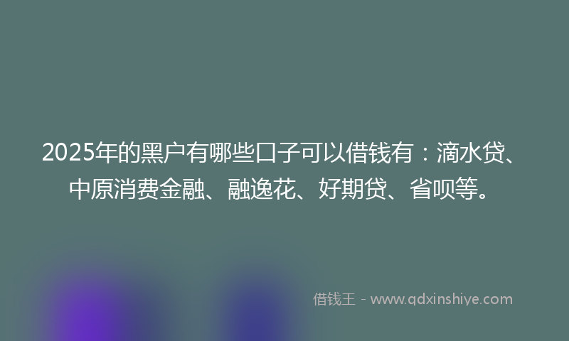 2025年的黑户有哪些口子可以借钱有：滴水贷、中原消费金融、融逸花、好期贷、省呗等。