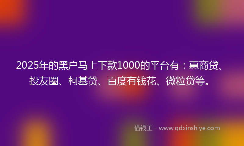 2025年的黑户马上下款1000的平台有：惠商贷、投友圈、柯基贷、百度有钱花、微粒贷等。