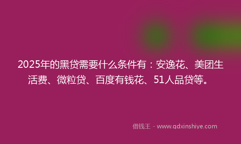 2025年的黑贷需要什么条件有：安逸花、美团生活费、微粒贷、百度有钱花、51人品贷等。
