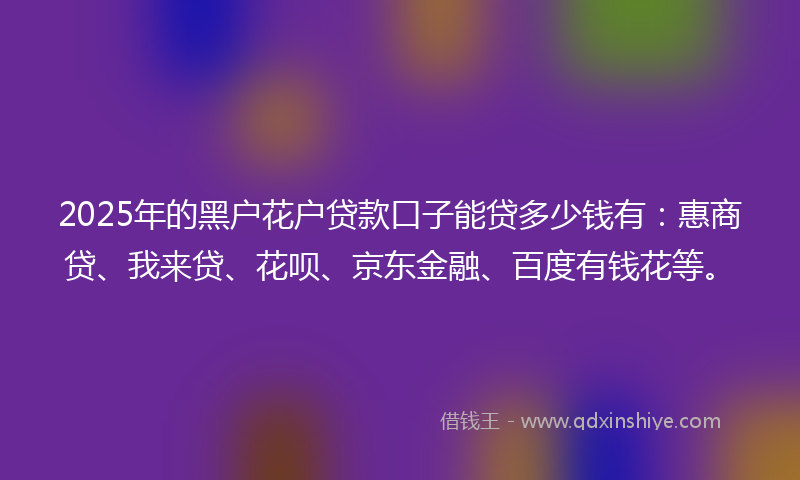 2025年的黑户花户贷款口子能贷多少钱有：惠商贷、我来贷、花呗、京东金融、百度有钱花等。