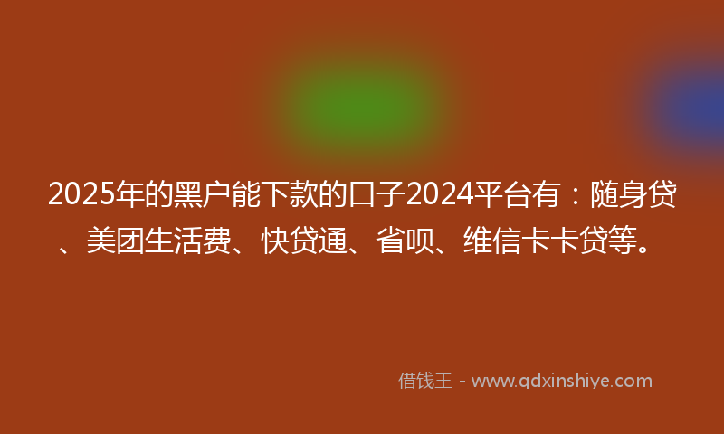 2025年的黑户能下款的口子2024平台有：随身贷、美团生活费、快贷通、省呗、维信卡卡贷等。