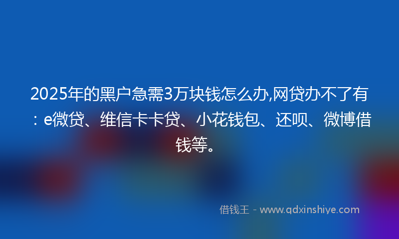 2025年的黑户急需3万块钱怎么办,网贷办不了有：e微贷、维信卡卡贷、小花钱包、还呗、微博借钱等。