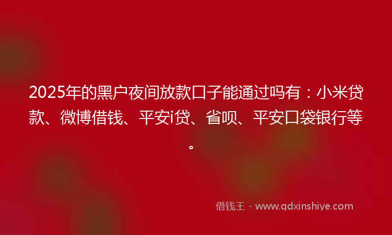 2025年的黑户夜间放款口子能通过吗有：小米贷款、微博借钱、平安i贷、省呗、平安口袋银行等。