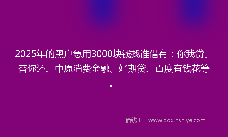 2025年的黑户急用3000块钱找谁借有：你我贷、替你还、中原消费金融、好期贷、百度有钱花等。