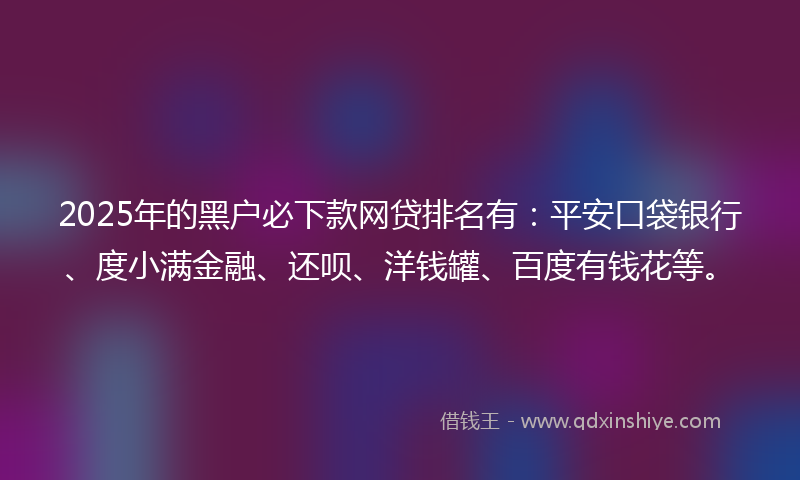 2025年的黑户必下款网贷排名有：平安口袋银行、度小满金融、还呗、洋钱罐、百度有钱花等。