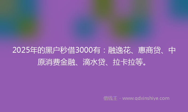 2025年的黑户秒借3000有：融逸花、惠商贷、中原消费金融、滴水贷、拉卡拉等。